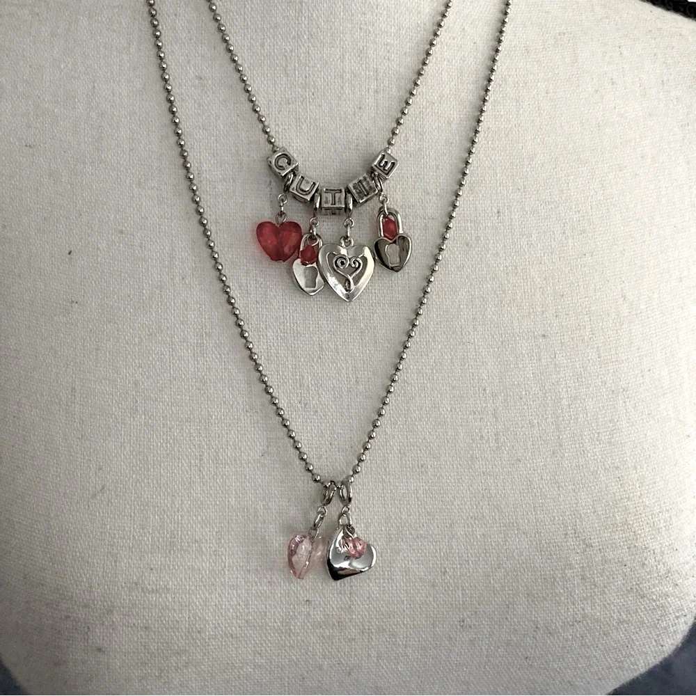Fashion Jewelry 2 Necklace Bundle:  Heart Charm Necklaces on Silver Ball  Chains
